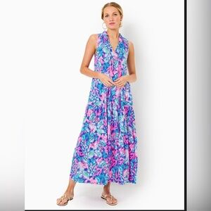 Lilly Pulitzer - Malone Maxi Dress Blue Tang Sitting Seaside - Size XL